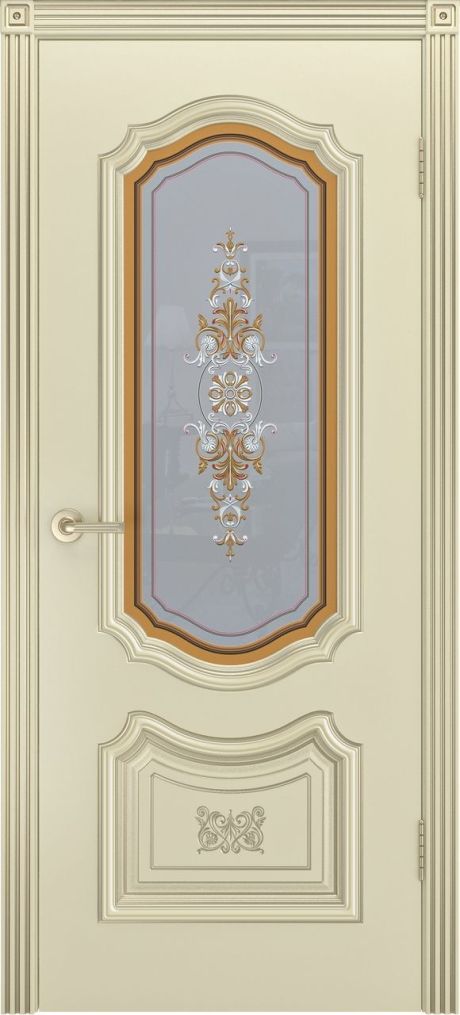 Межкомнатная дверь со стеклом Соло R-0 В3 Шампань с патиной Белое золото Эмаль (Шейл Дорс)