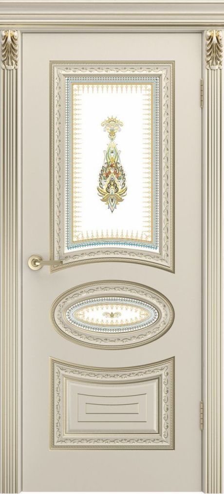 Межкомнатная дверь со стеклом Лира Лакшери В2 Шампань с патиной Белое золото Эмаль (Шейл Дорс)