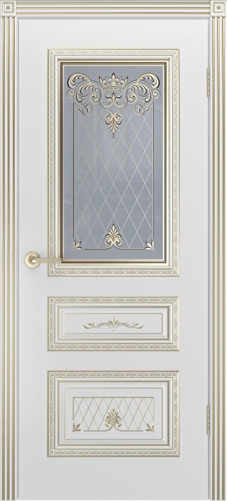 Межкомнатная дверь со стеклом Трио Корона В3 Белый с патиной Белое золото Эмаль (Шейл Дорс)