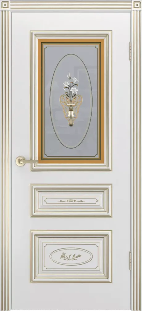 Межкомнатная дверь со стеклом Трио R-0 В3 Белый с патиной Золото Эмаль (Шейл Дорс)
