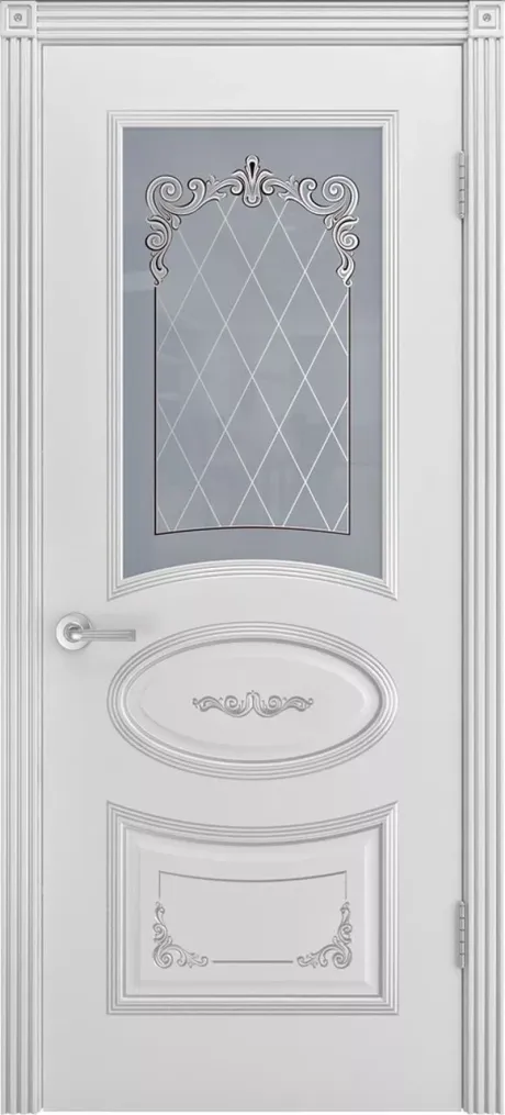 Межкомнатная дверь со стеклом Ария Грейс В3 Белый с патиной Серебро Эмаль (Шейл Дорс)