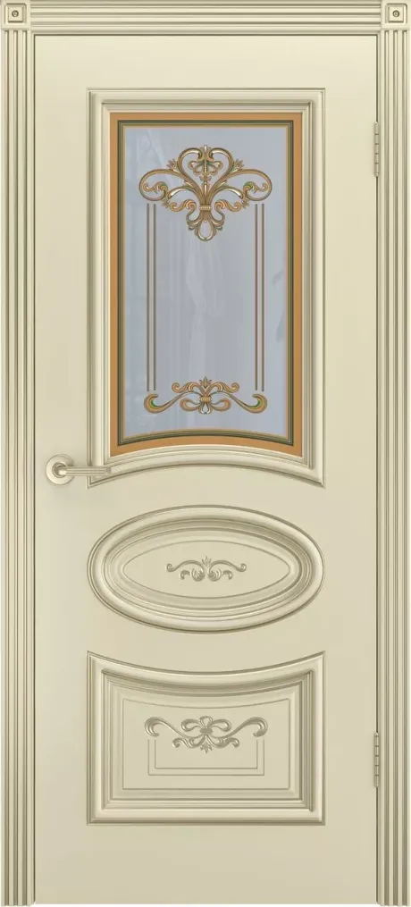 Межкомнатная дверь со стеклом Ария R-0 В3 Слоновая кость с патиной Белое золото Эмаль (Шейл Дорс)
