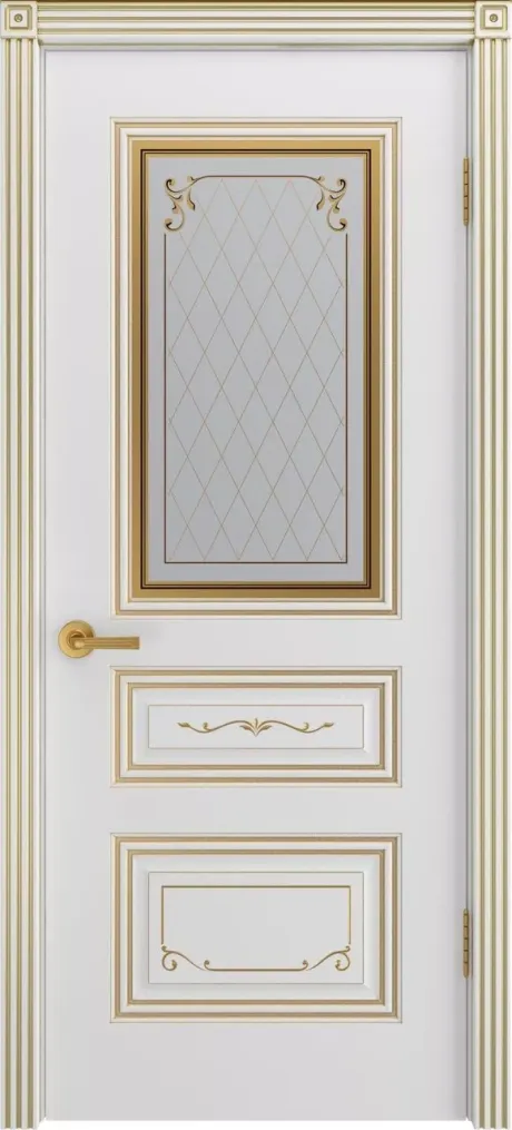 Межкомнатная дверь со стеклом Трио Грейс В2 Белый с патиной Золото Эмаль (Шейл Дорс)
