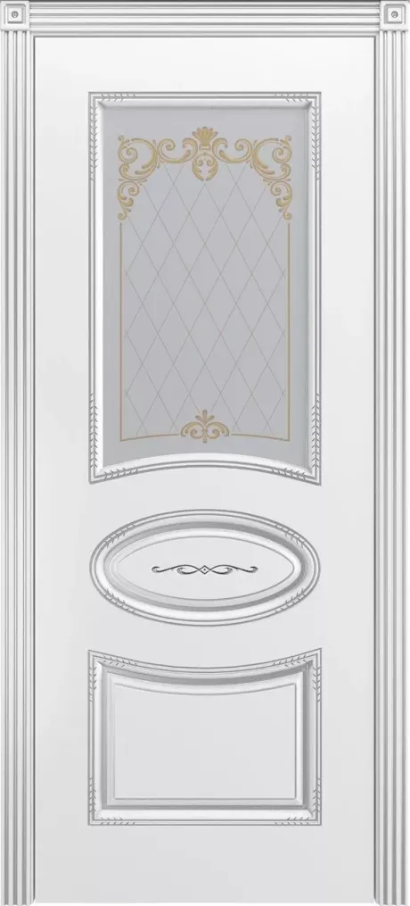 Межкомнатная дверь со стеклом Ария В2 Белый с патиной Серебро Эмаль (Шейл Дорс)