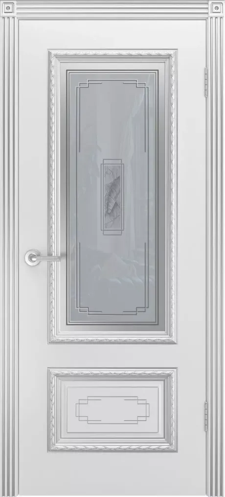 Межкомнатная дверь со стеклом Дуэт R В2 Белый с патиной Серебро Эмаль (Шейл Дорс)