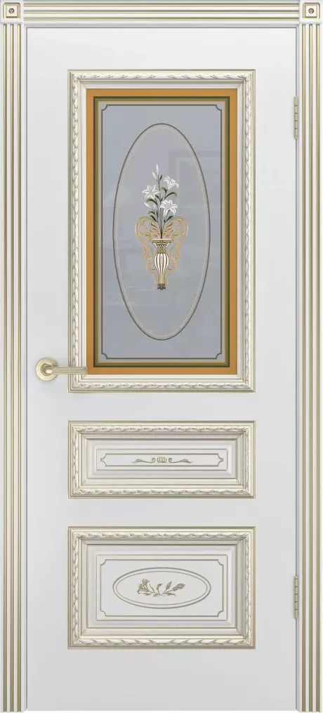 Межкомнатная дверь со стеклом Трио R В3 Белый с патиной Золото Эмаль (Шейл Дорс)