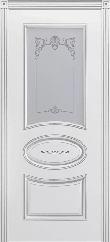 Межкомнатная дверь со стеклом Ария В1 Белый с патиной Серебро Эмаль (Шейл Дорс)